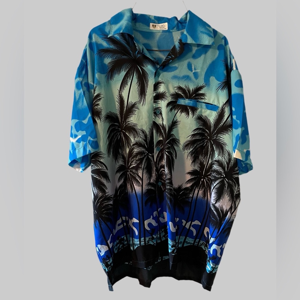 Hawaiian  Blue and Black Casual Button Down Shirt
